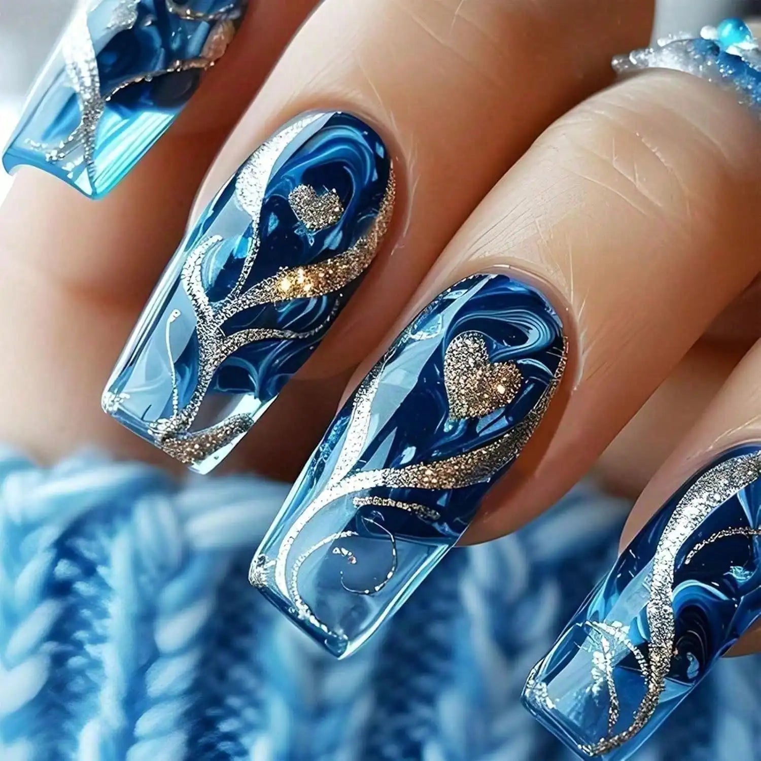 24 Pack Blue Gradient Press on Nails - Gold Curve Line Medium Square Acrylic Fake Nails - Glossy Love Heart False Nails for Women
