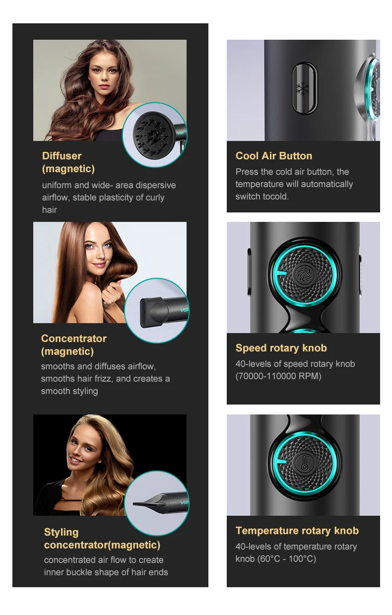 VGR Hair Dryer Professional Hot and Cold Adjustment 110000 RPM Blow Dryer Brushless Motor Hair Styling Blow Dryer Machine V-401