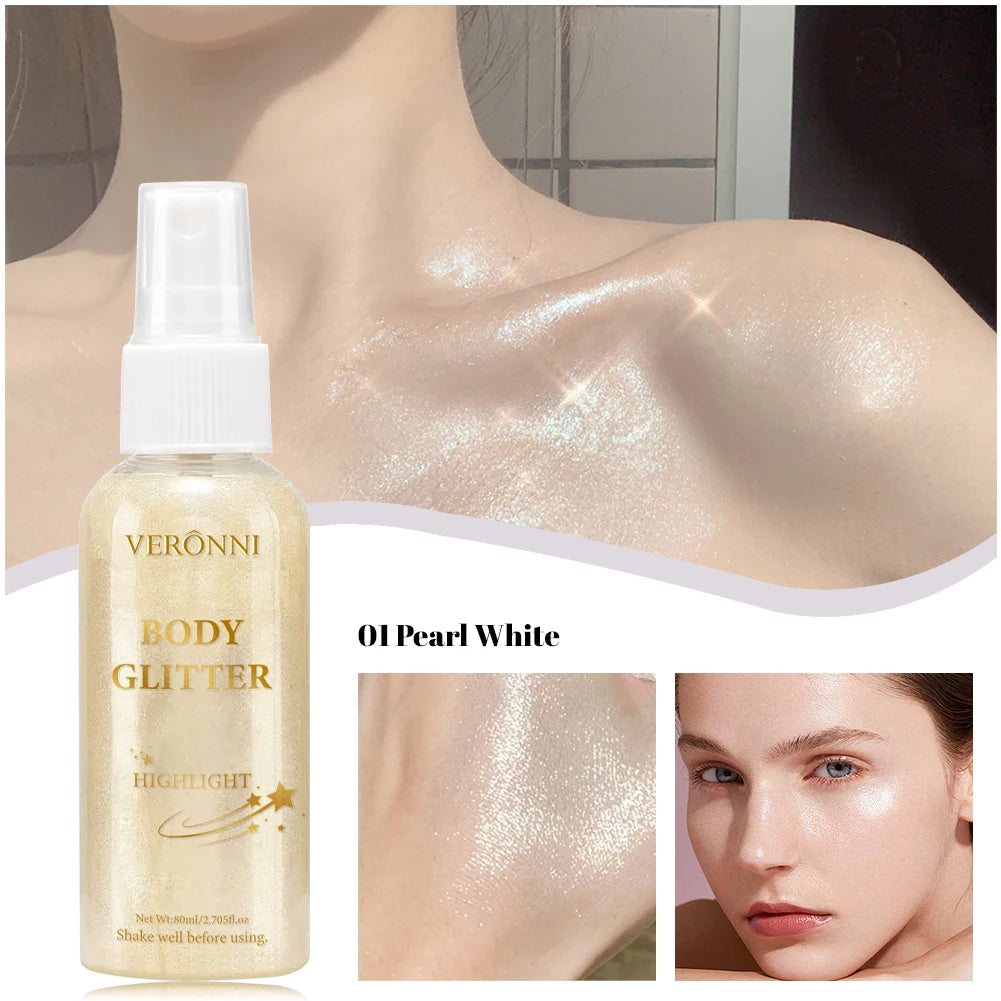 Body Highlighter Spray–Quick-Dry Non-Sticky Shimmer Mist, Fine Glitter for Hair & Skin,Water-Resistant Long-Lasting Summer Glow