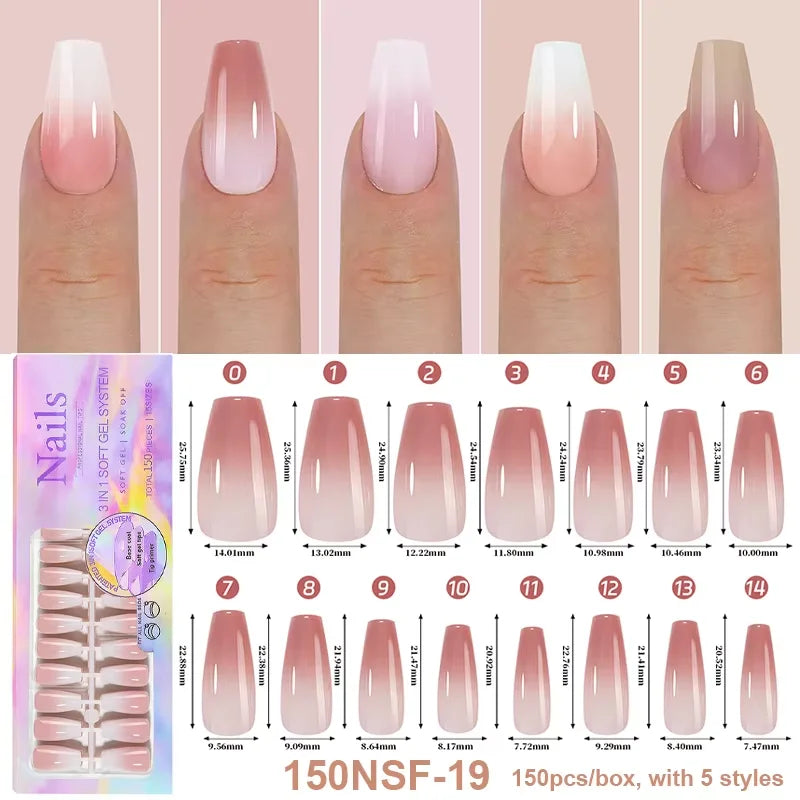 150Pcs/Box Acrylic Press on Nails Full Cover Fake False Tips Soft Gel Extension T-shaped Oval Capsule Almond Sculpted Salon DIY