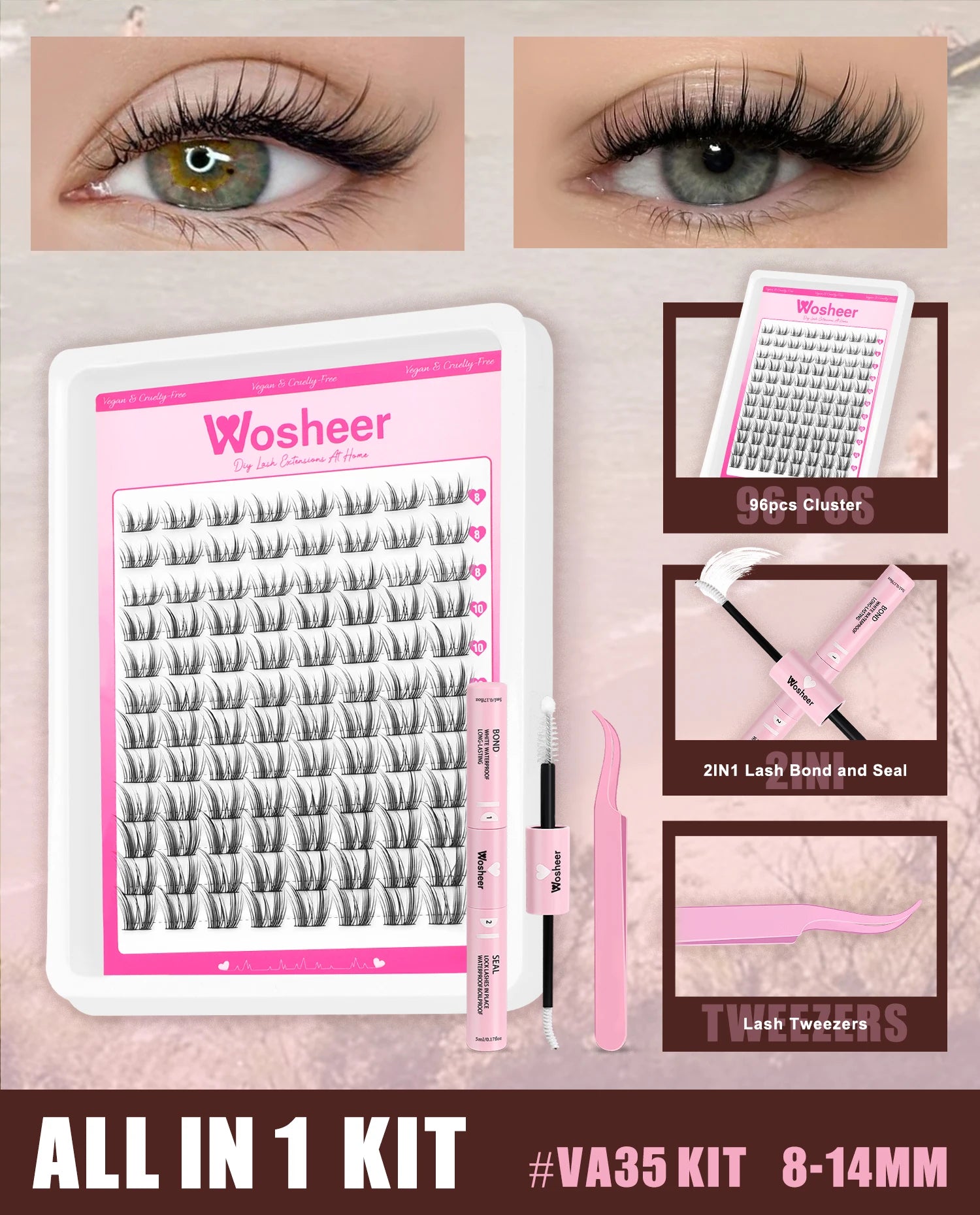WOSHEER Manga Lash Clusters Kit Cat Lashes with Lash Bond & Seal Cluster Eyelash Extensions Mixed Tray Eyelash Clusters Kit
