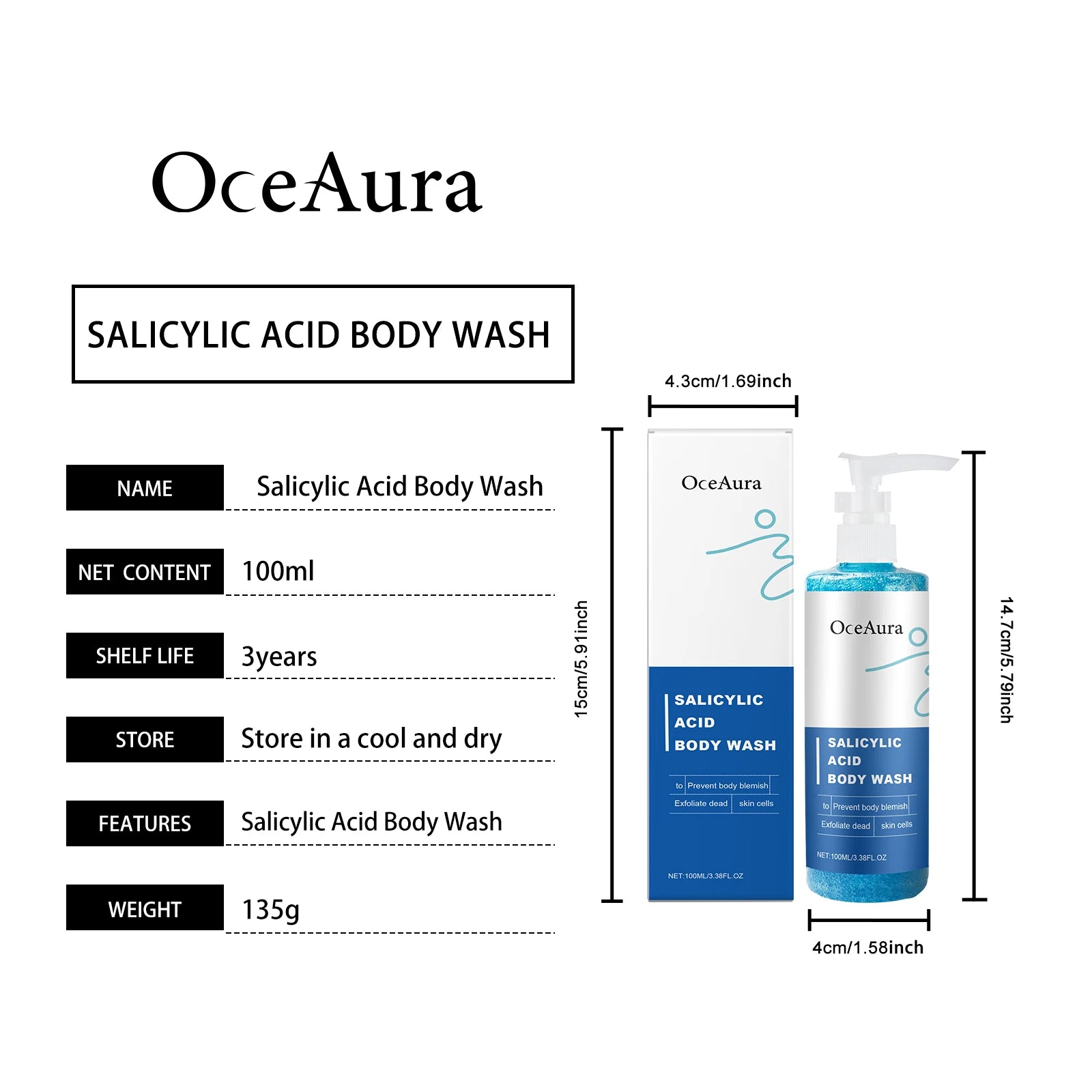 OceAura Salicylic Acid Shower Gel Professional Skin Cleaning Oil Control Smooth Body Blemish Remover Exfoliating Body Wash 100ml