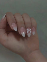 24PCS Almond Press on Nails Medium Fake Nails with Pink Bow Designs Glue on Nails Glossy Acrylic False Nails As Women Girls Fift