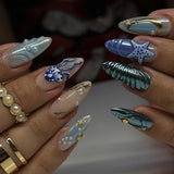 24Pcs Dark Press on Fake Nails with Black Glitter 3D Metallic Designs Sweet Cool Almond False Nails Detachable Nails Spice Girls