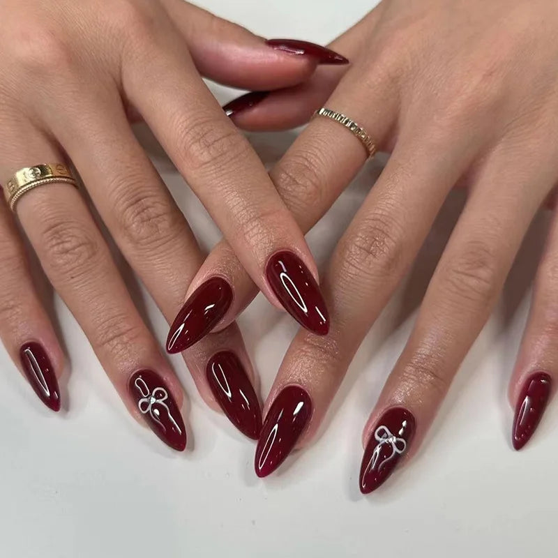 24Pcs Simple Wine Red Fake Nail with Mid-length Design Almond Press on False Nails Wearable Round Head Oval Full Cover Nail Tips