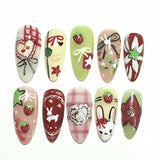 24pcs Flower Print Press on Nails Wine Red Blush Almond False Nail Tips Wearable Reusable Summer Spicy Girl Fake Nails